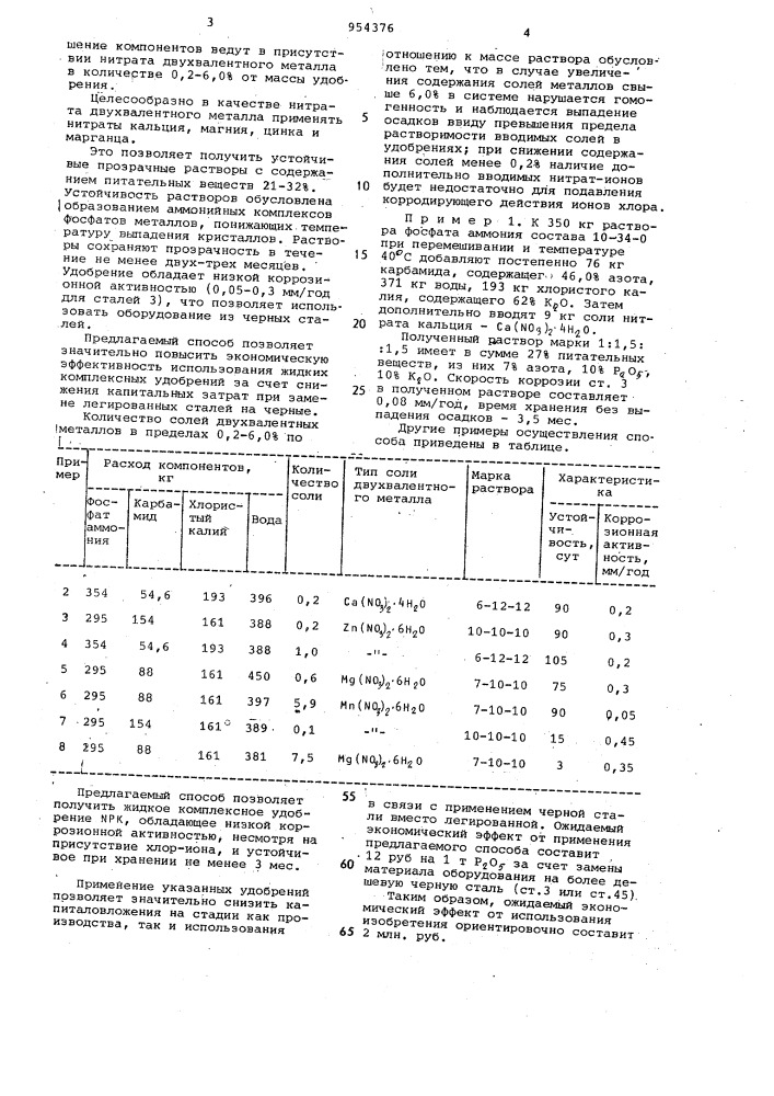 Способ получения жидких комплексных удобрений (патент 954376)