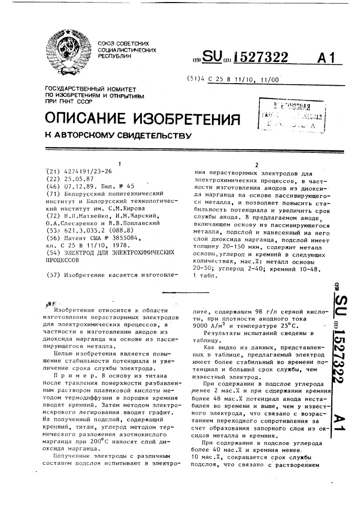 Электрод для электрохимических процессов (патент 1527322)