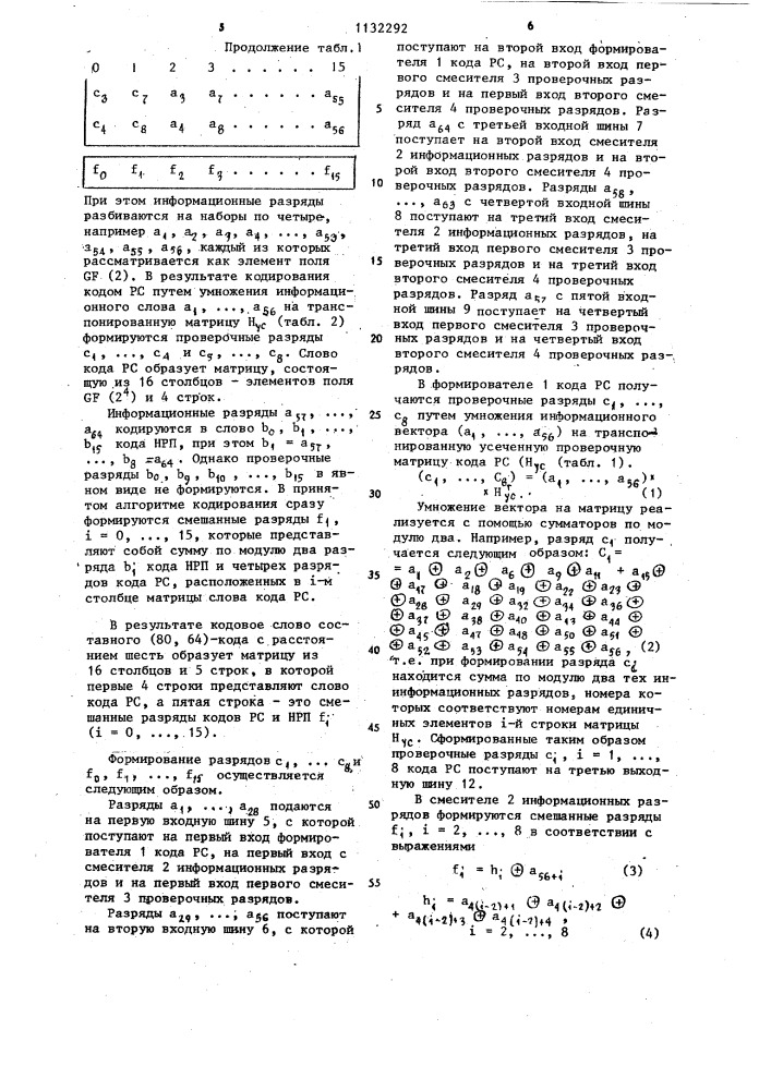 Устройство для кодирования 64-разрядных информационных слов в составной корректирующий код с расстоянием шесть (патент 1132292)