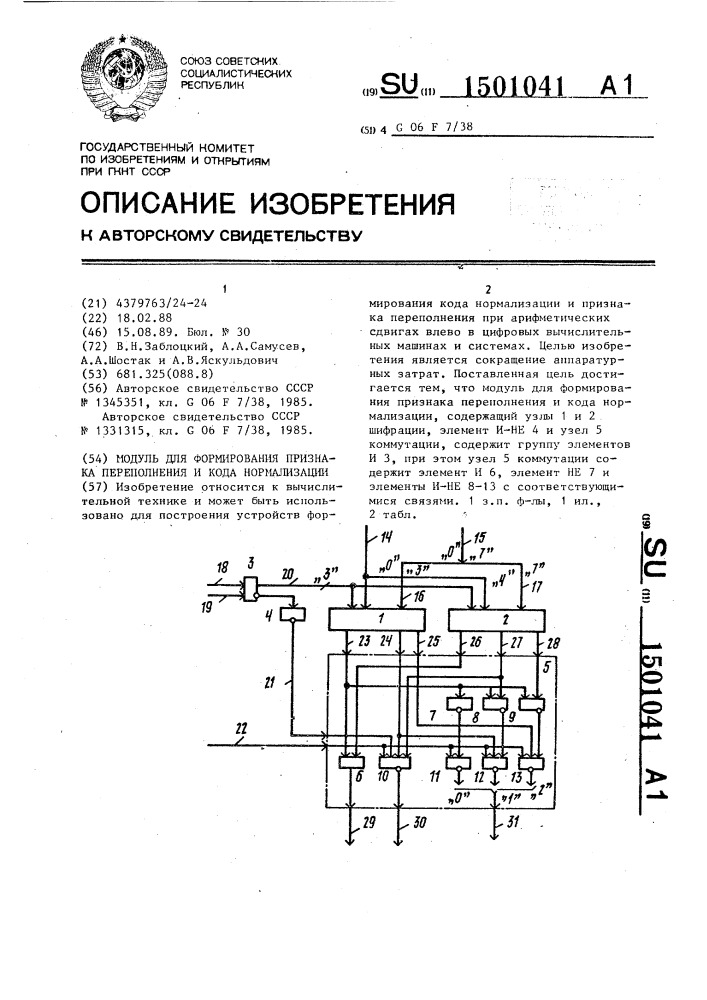 Модуль для формирования признака переполнения и кода нормализации (патент 1501041)