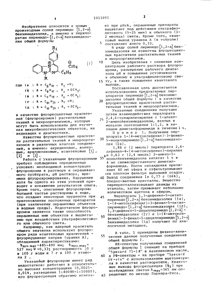 Перхлораты пиримидо [1,2-а] бензимидазолия в качестве флуоресцентных красителей растительных тканей и микроорганизмов (патент 1051091)