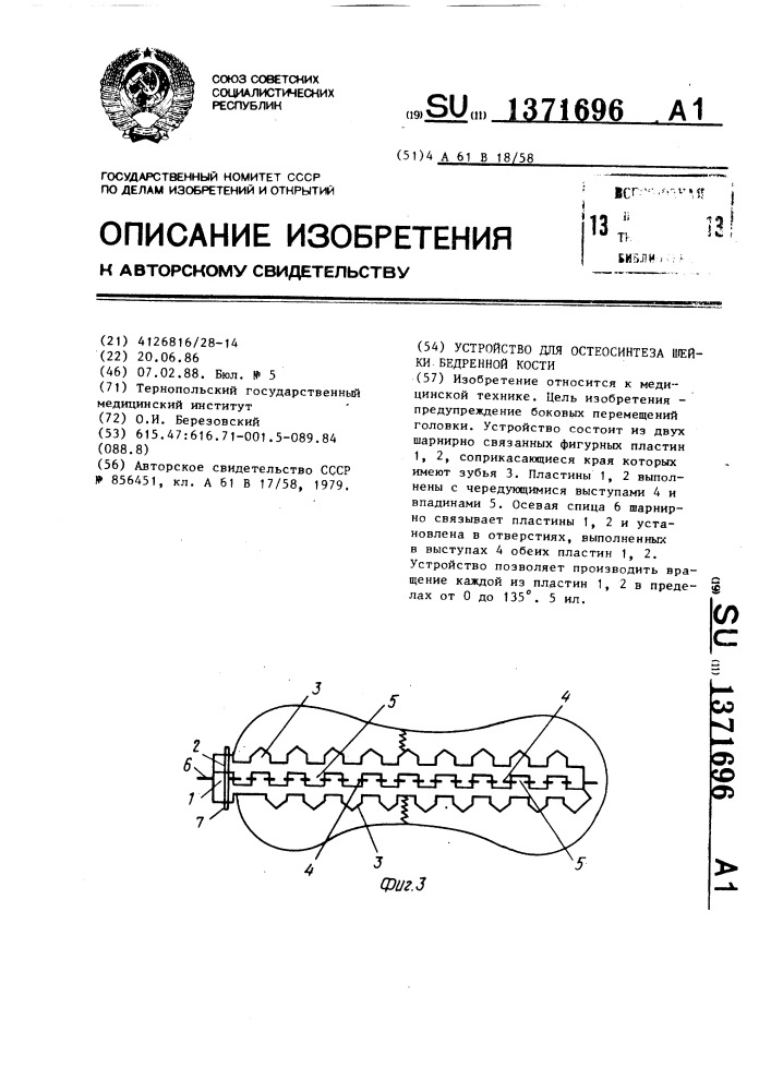 Устройство для остеосинтеза шейки бедренной кости (патент 1371696)