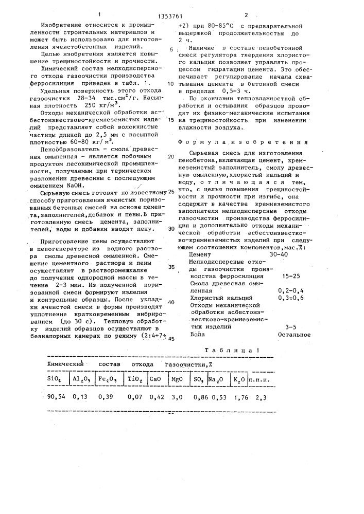 Сырьевая смесь для изготовления пенобетона (патент 1353761)