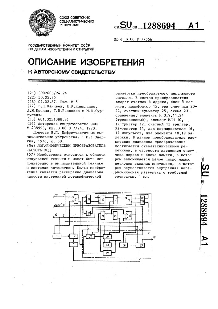 Логарифмический преобразователь "частота-код (патент 1288694)