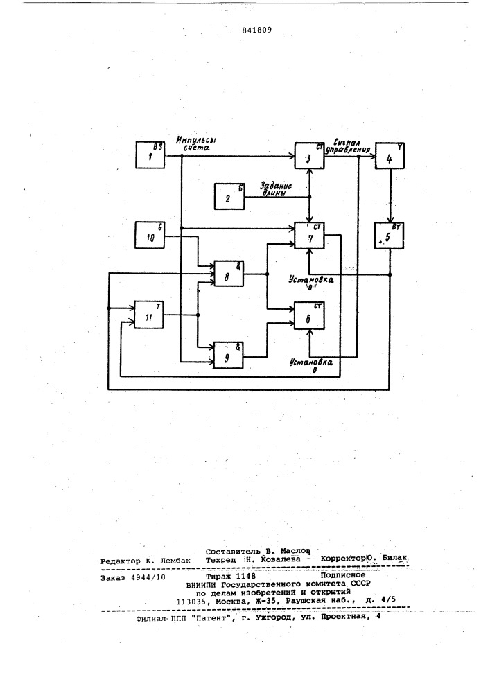Устройство управления механизмом резаправильно-отрезного abtomata (патент 841809)