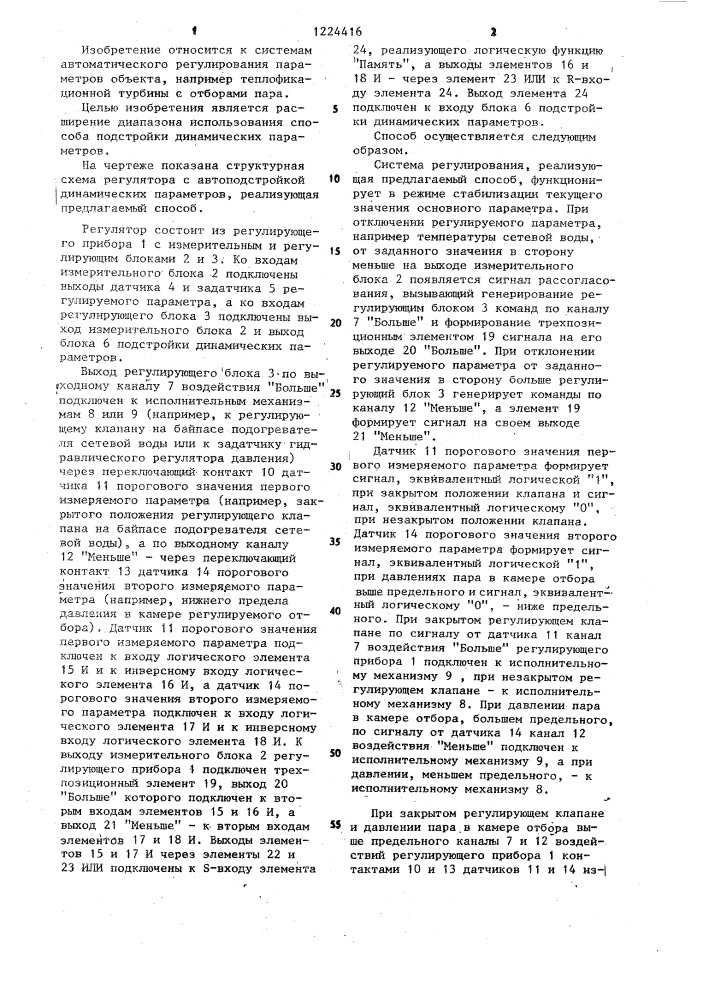 Способ автоматической подстройки динамических параметров регулятора (патент 1224416)