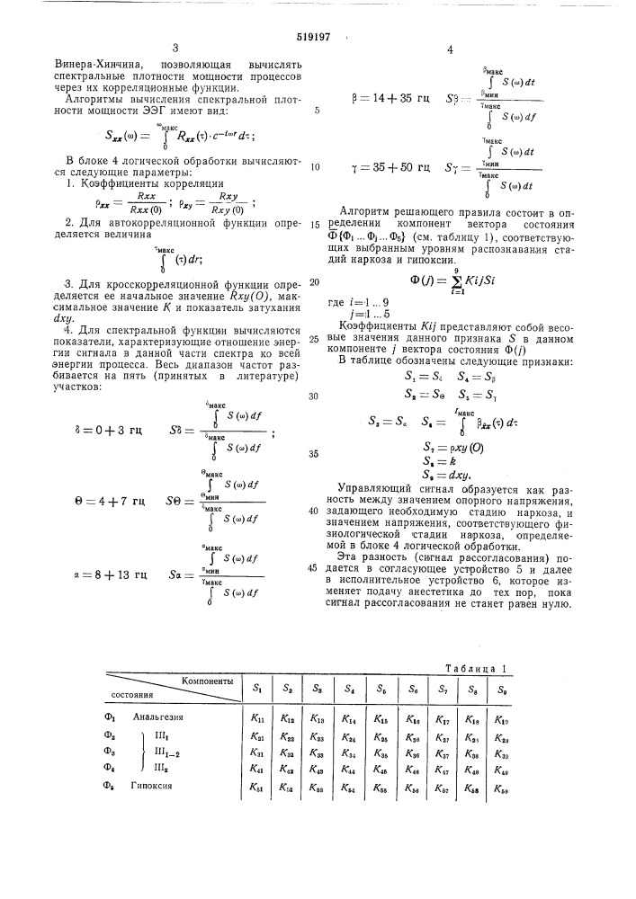 Устройство для автоматического регулирования глубины наркоза (патент 519197)
