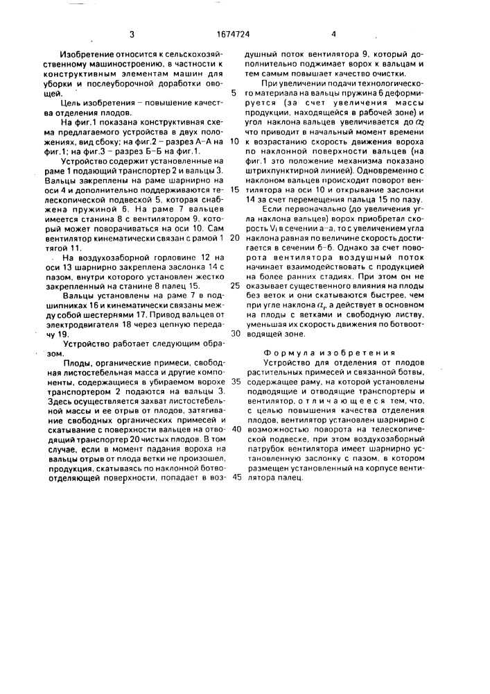 Устройство для отделения от плодов растительных примесей и связаной ботвы (патент 1674724)