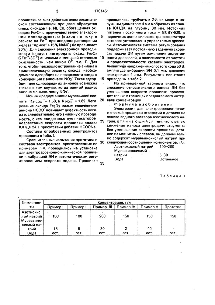 Электролит для электроэрозионно-химической прошивки отверстий в деталях (патент 1701451)