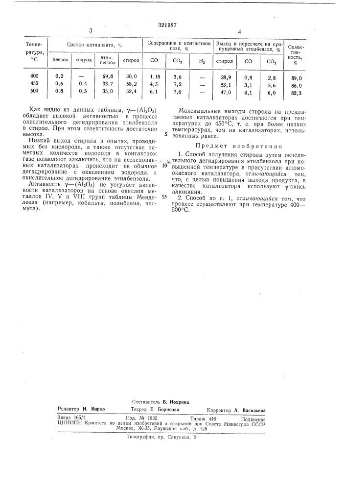 Способ получения стирола (патент 321087)