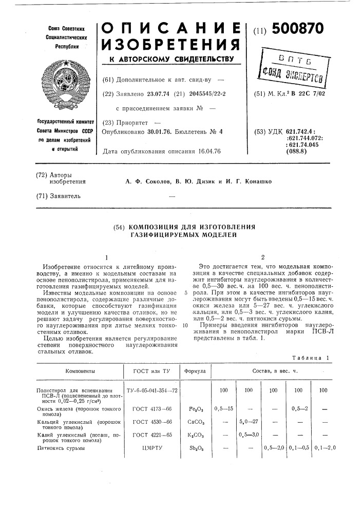 Композиция для изготовления газифицируемых моделей (патент 500870)