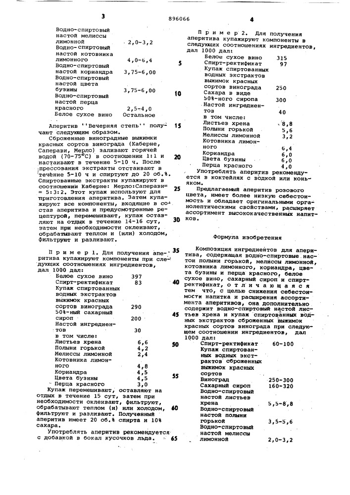 Композиция ингредиентов для аперитива "вечерняя степь (патент 896066)