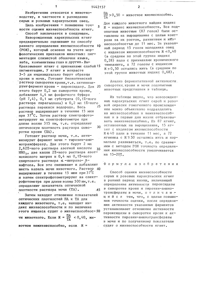 Способ оценки жизнеспособности серых и розовых каракульских ягнят в ранний период жизни (патент 1442157)