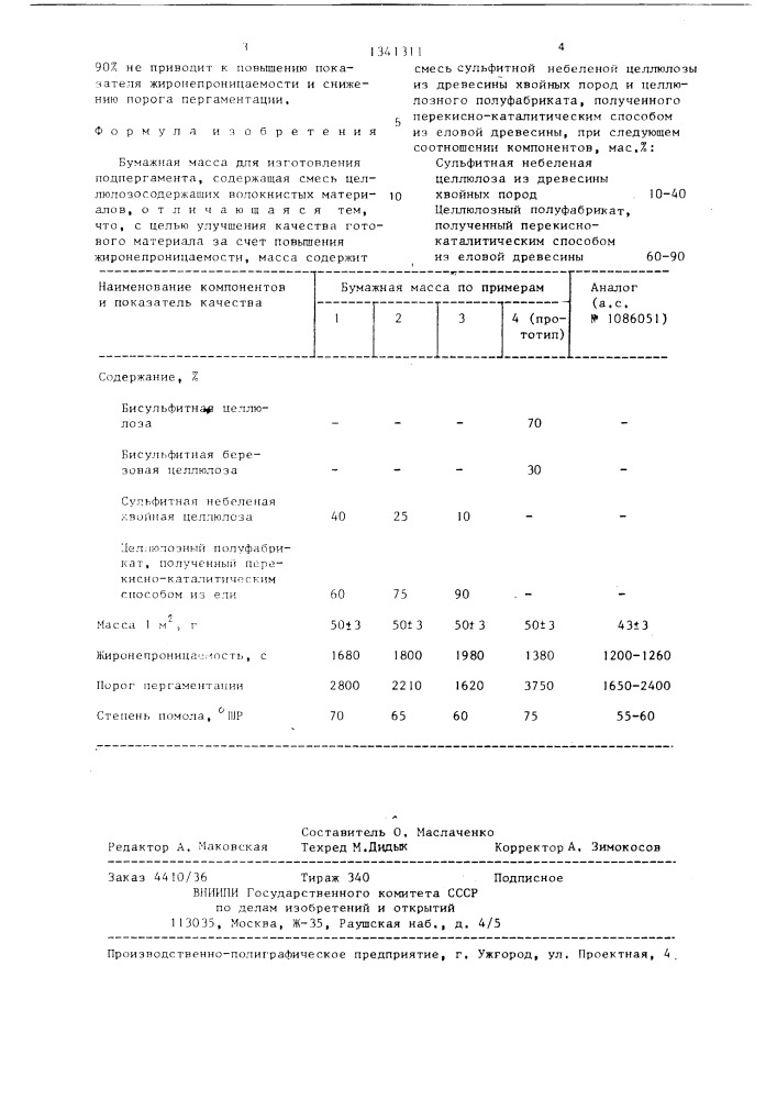 Бумажная масса для изготовления подпергамента (патент 1341311)