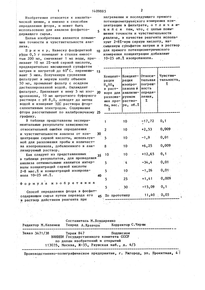 Способ определения фтора (патент 1409885)