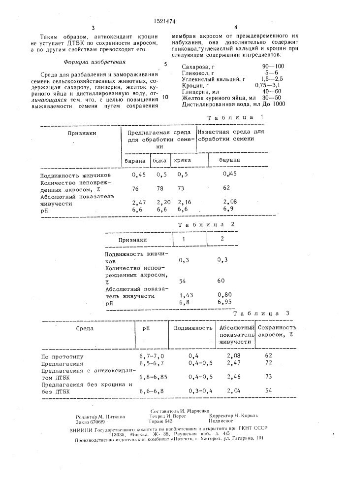 Среда для разбавления и замораживания семени сельскохозяйственных животных (патент 1521474)