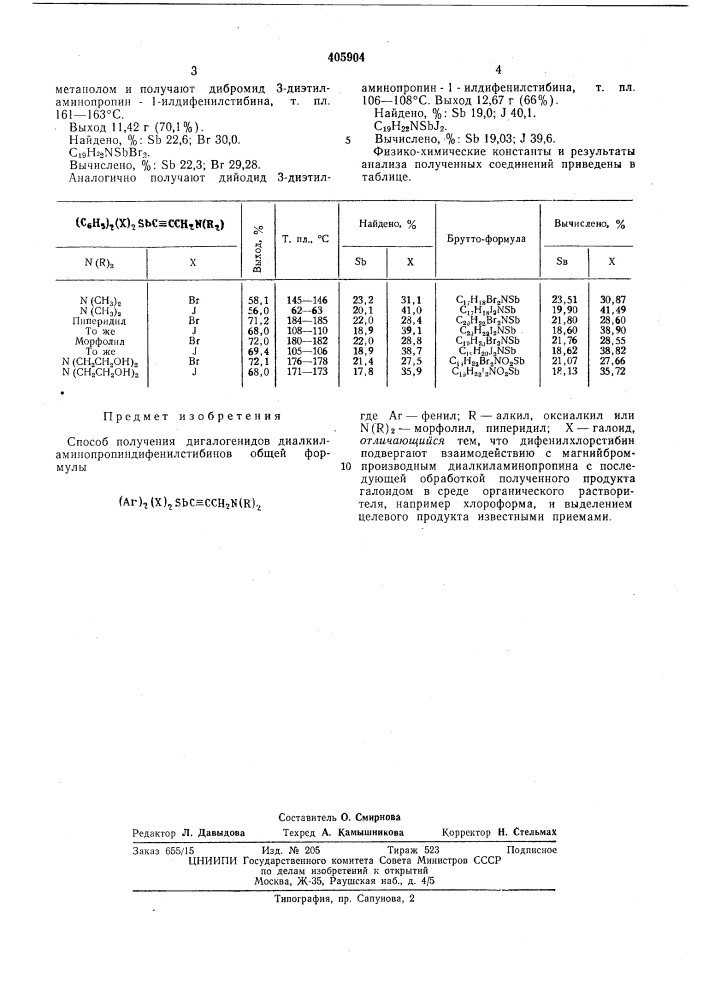 Способ получения дигалогенидов диалкиламино- пропиндифенилстибинов (патент 405904)