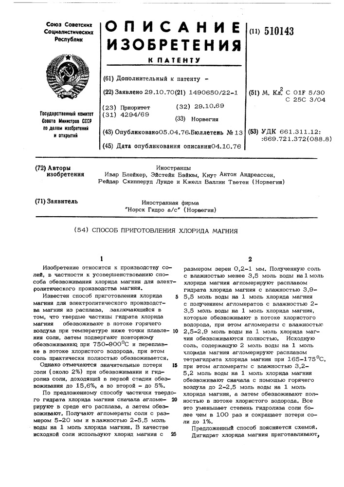 Способ приготовления хлоридамагния (патент 510143)