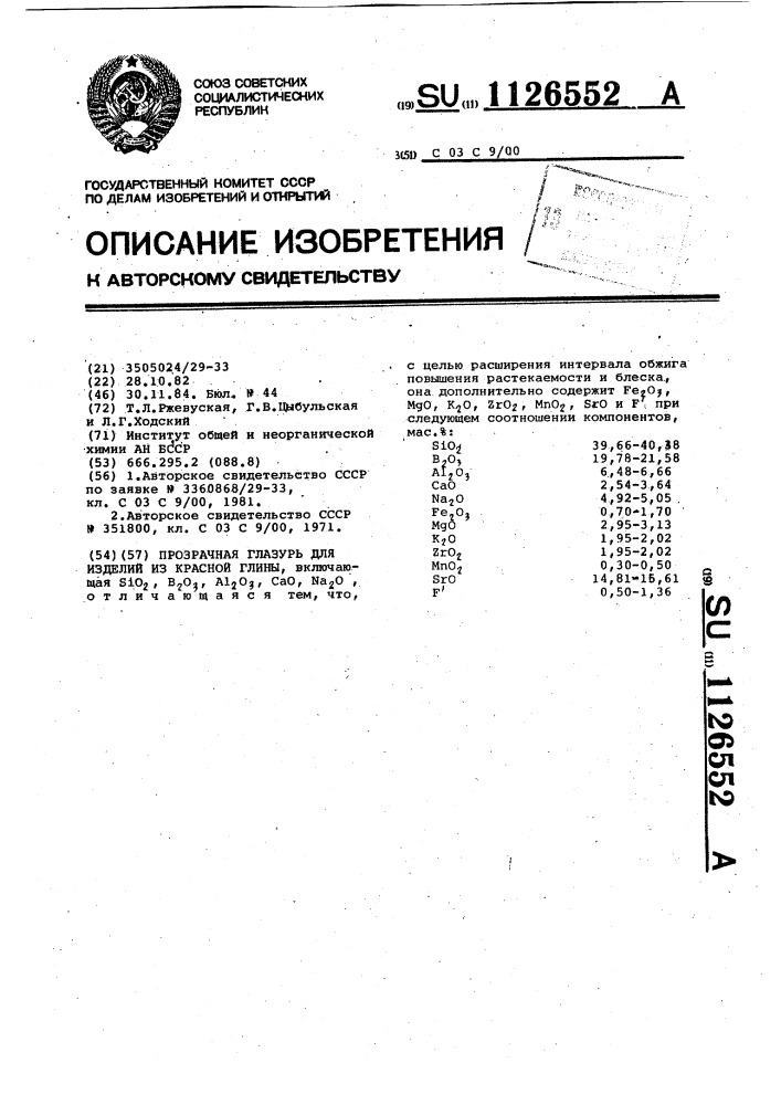 Прозрачная глазурь для изделий из красной глины (патент 1126552)