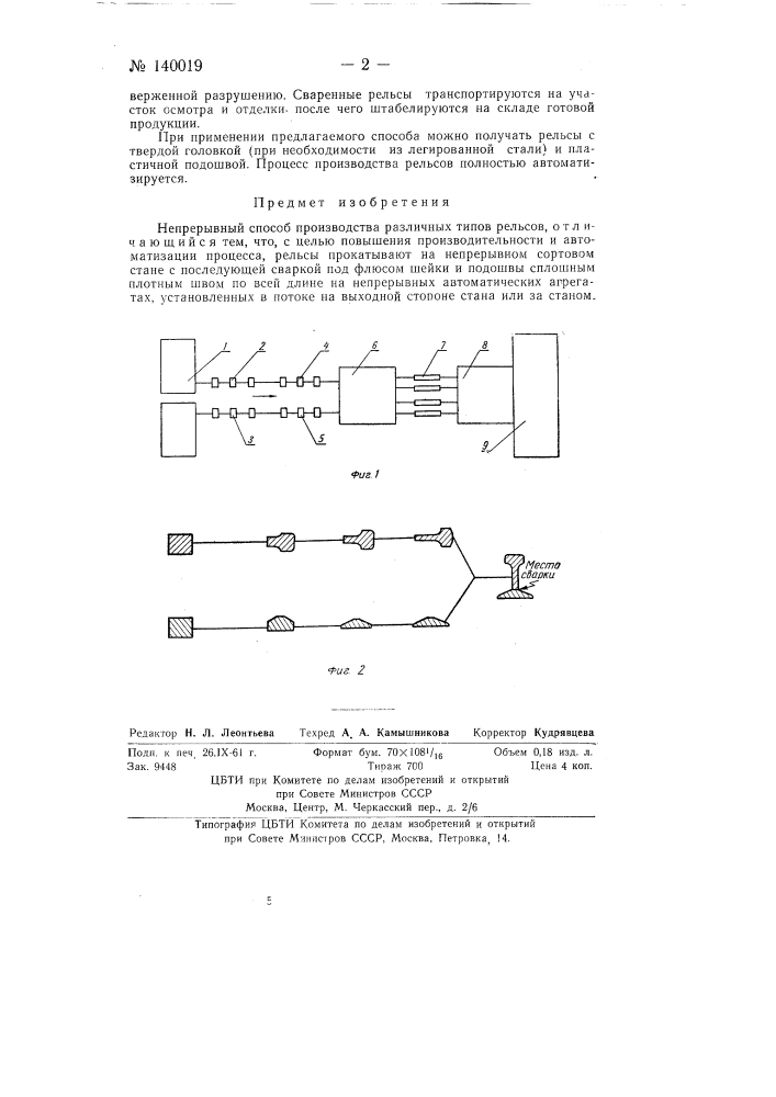 Непрерывный способ производства различных типов рельсов (патент 140019)