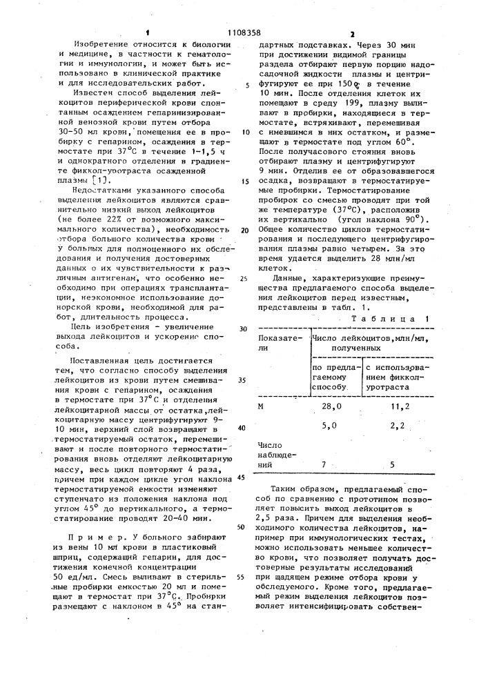 Способ выделения лейкоцитов из крови (патент 1108358)