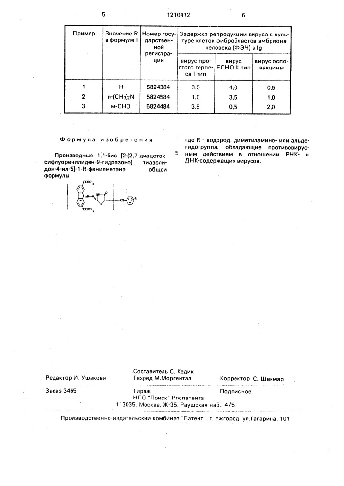 Производные 1,1-бис [2-(2,7-диацетоксифлуоренилиден-9- гидразоно) тиазолидон-4-ил-5]-1-r-фенилметана, обладающие противовирусным действием в отношении рнк- и днк-содержащих вирусов (патент 1210412)