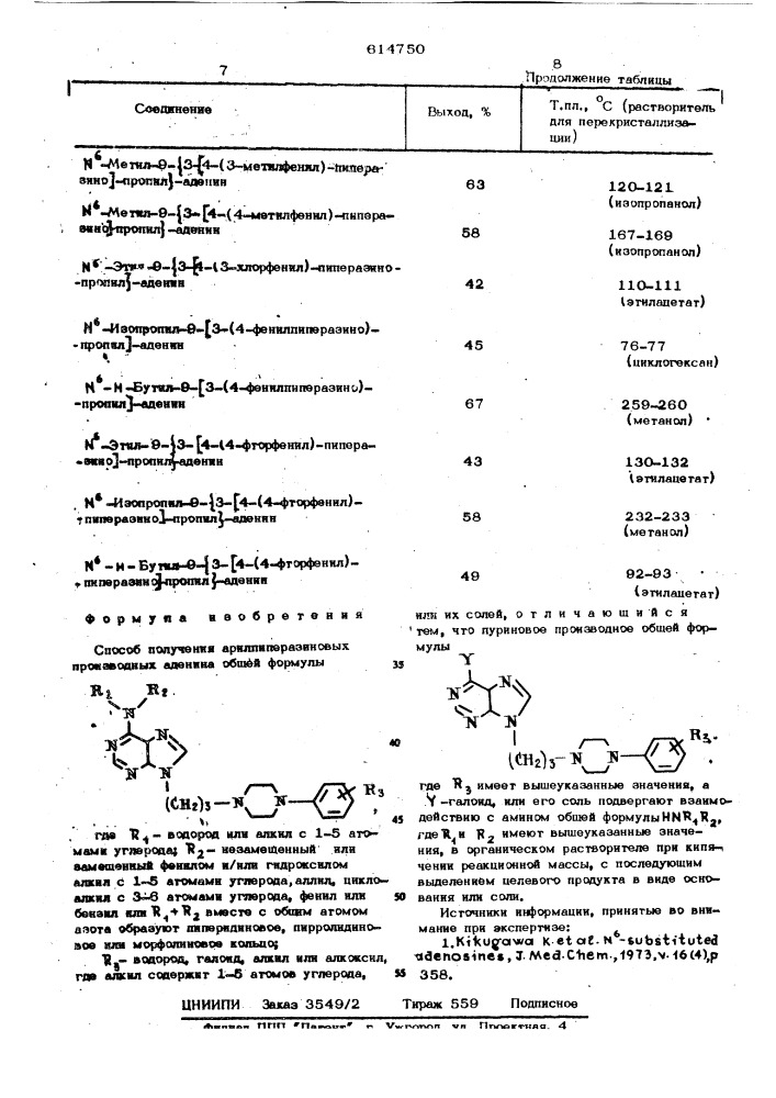 Способ получения арилпиперазиновых производных аденина или их солей (патент 614750)