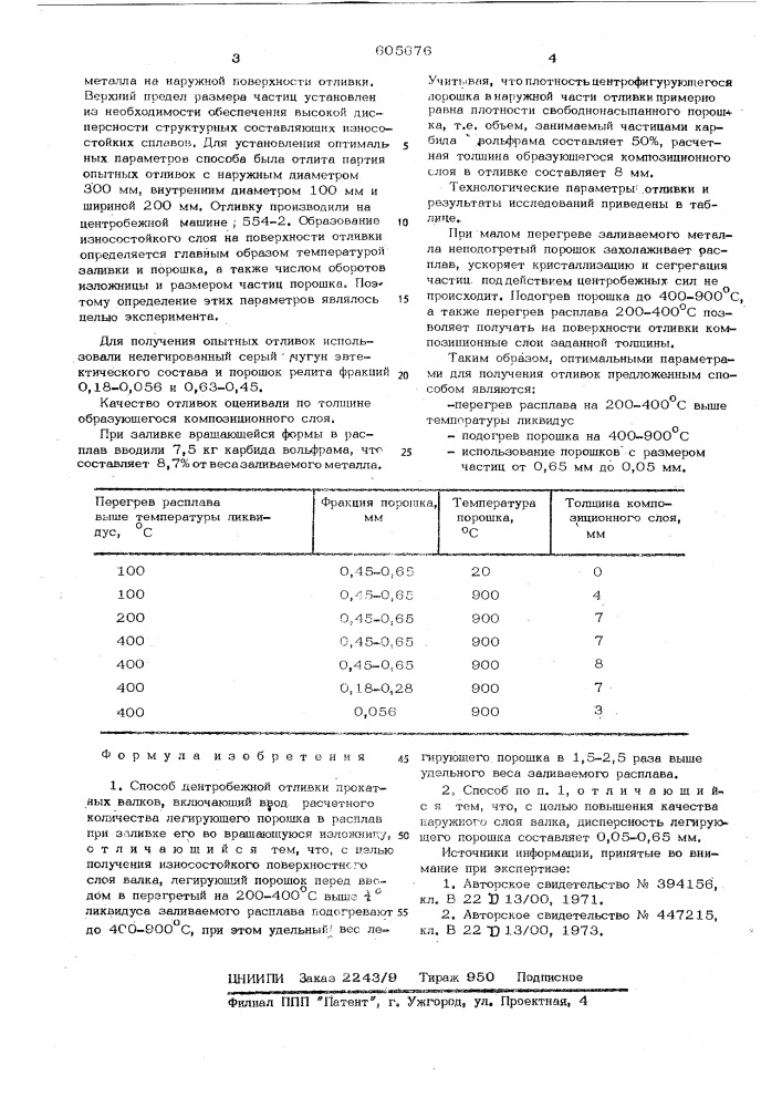 Способ центробежной отливки прокатных валков (патент 605676)