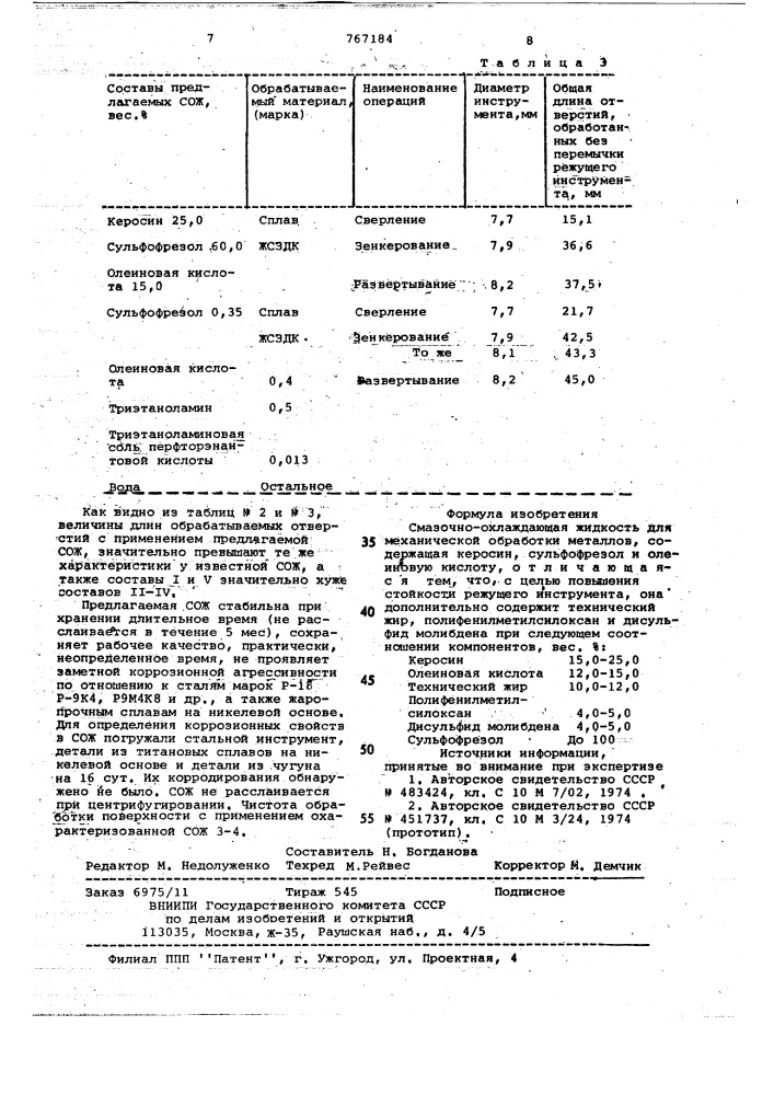 Смазочно-охлаждающая жидкость для механической обработки металлов (патент 767184)