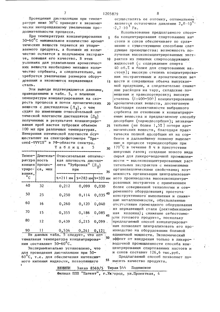 Способ концентрирования спиртованных настоев и соков (патент 1205879)