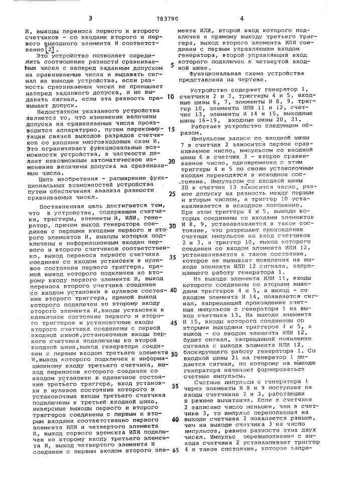 Устройство для сравнения чисел (патент 783790)