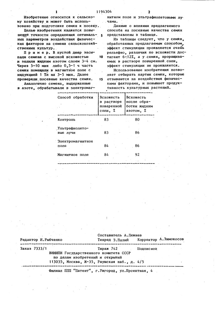 Способ определения оптимальных параметров воздействия физических факторов на семена сельскохозяйственных культур (патент 1194304)