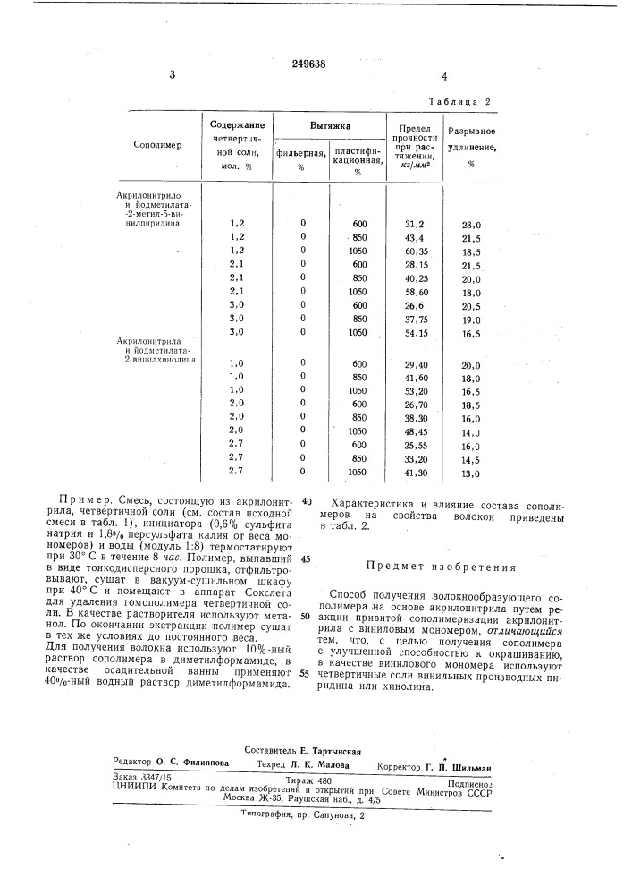 Способ получения волокнообразующего сополимера на основе акрилонитрила (патент 249638)