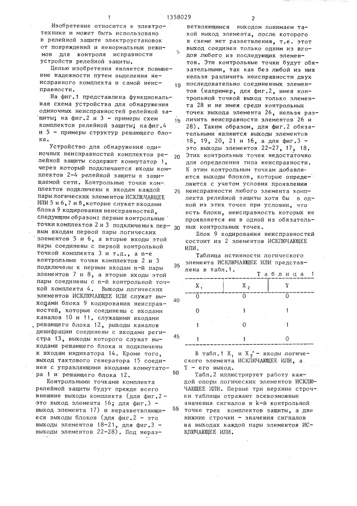 Устройство для обнаружения одиночных неисправностей комплектов релейной защиты (патент 1358029)