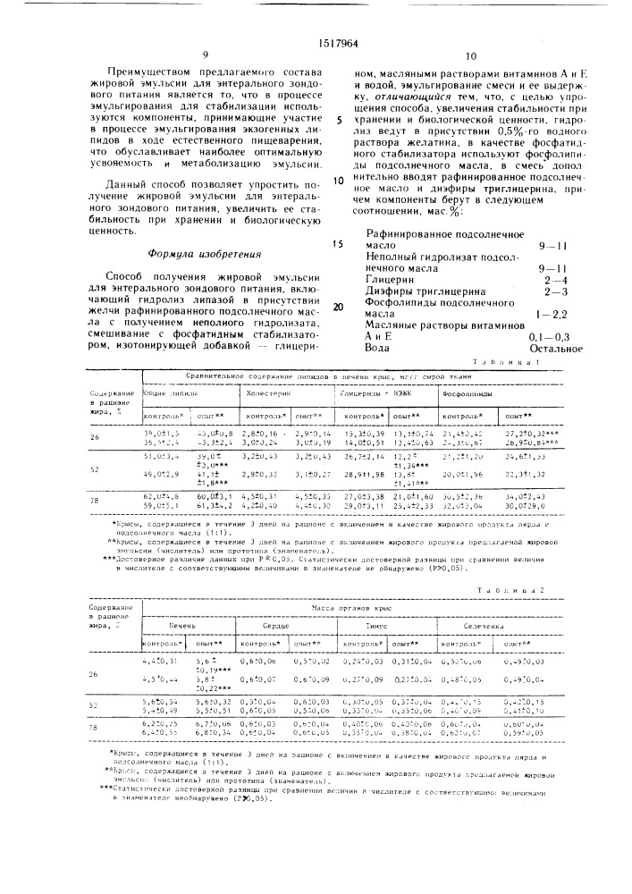 Способ получения жировой эмульсии для энтерального зондового питания (патент 1517964)