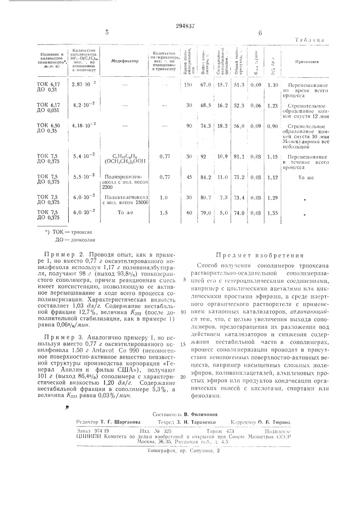 Способ получения сополимеров триоксана (патент 294837)