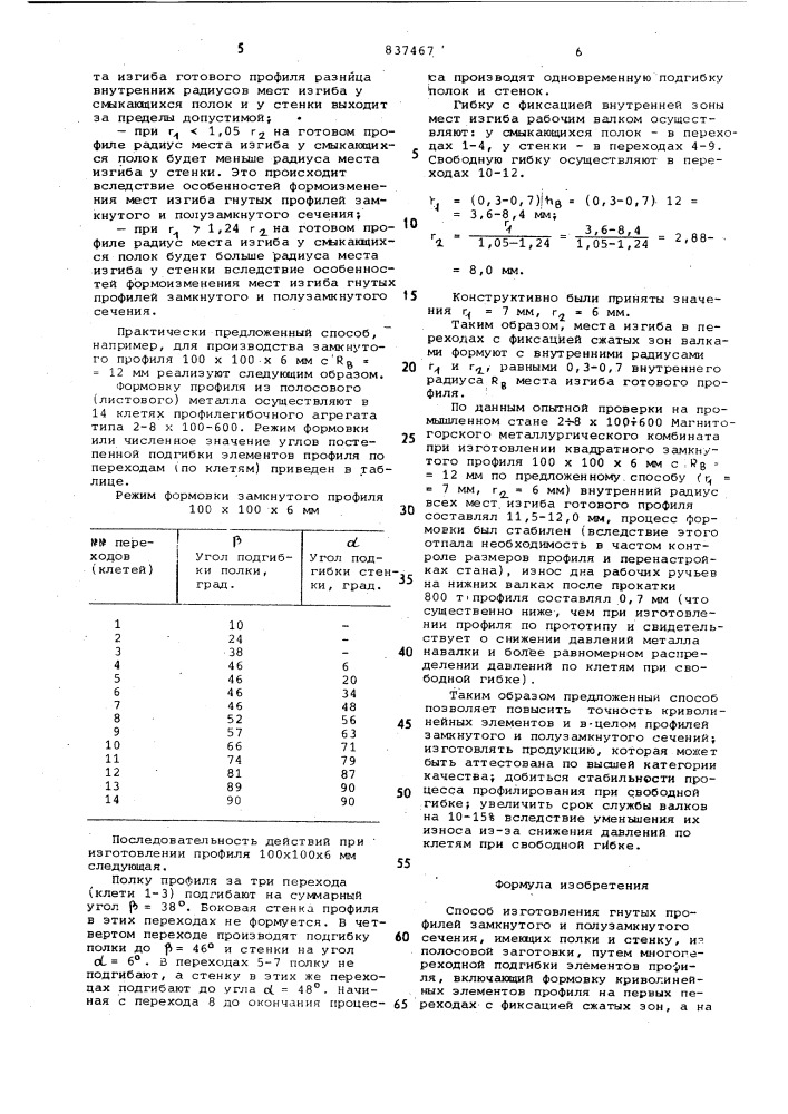 Способ изготовления гнутых профи-лей замкнутого и полузамкнутогосечения (патент 837467)