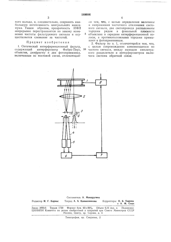 Оптический интерференционный фильтр (патент 189084)