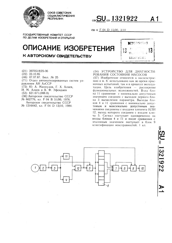 Устройство для диагностирования состояния насосов (патент 1321922)