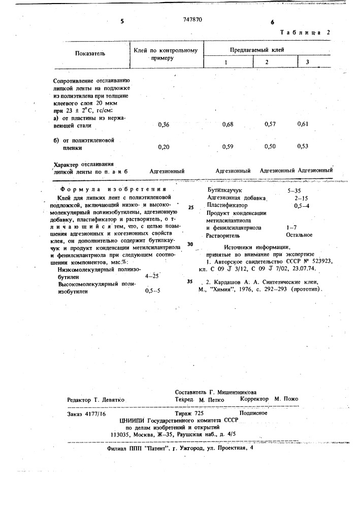 Клей для липких лент с полиэтиленовой подложкой (патент 747870)