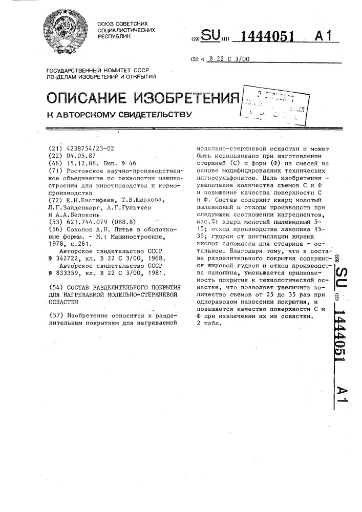 Состав разделительного покрытия для нагреваемой модельно- стержневой оснастки (патент 1444051)