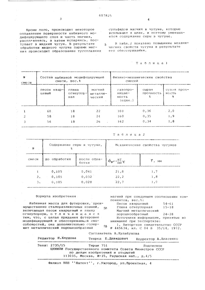 Набивная масса (патент 607825)