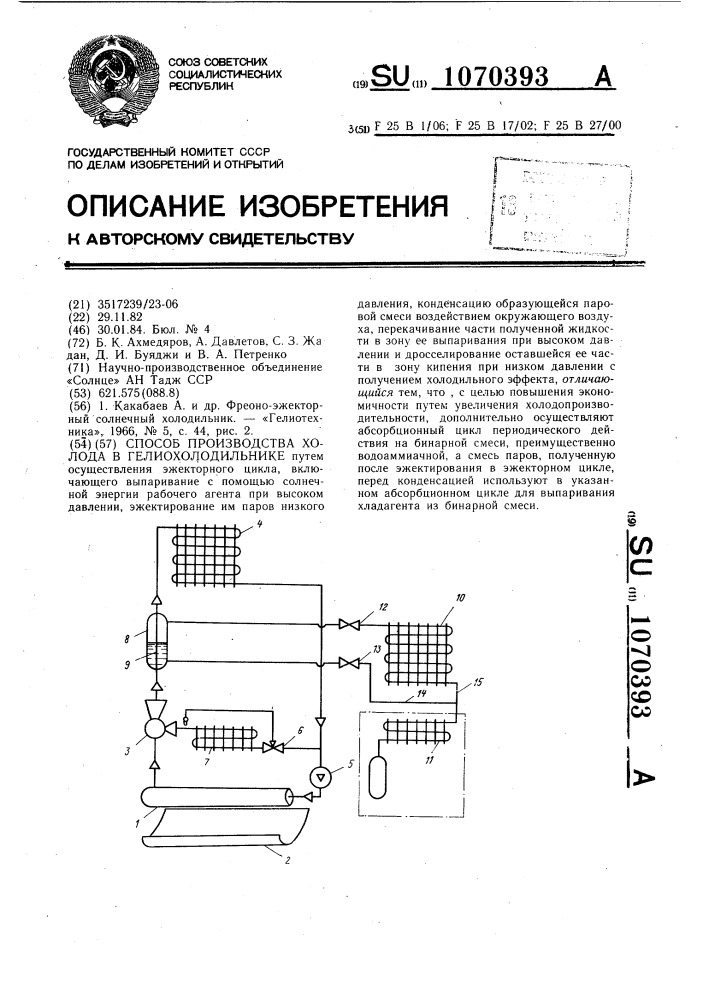 Способ производства холода в гелиохолодильнике (патент 1070393)