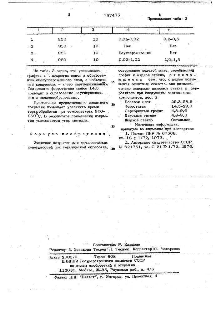 Защитное покрытие для металлических поверхностей при термической обработке (патент 737475)