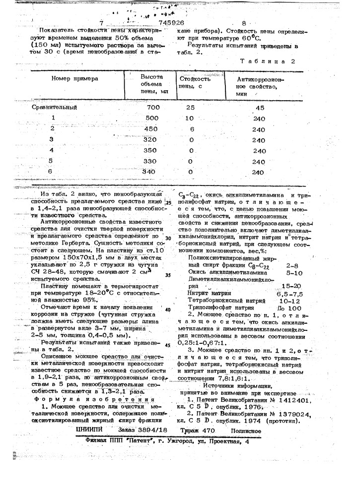 Моющее средство для очистки металлической поверхности (патент 745926)