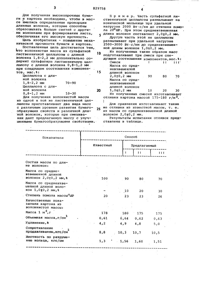 Волокнистая масса для изготовлениябумаги и kaptoha (патент 829758)