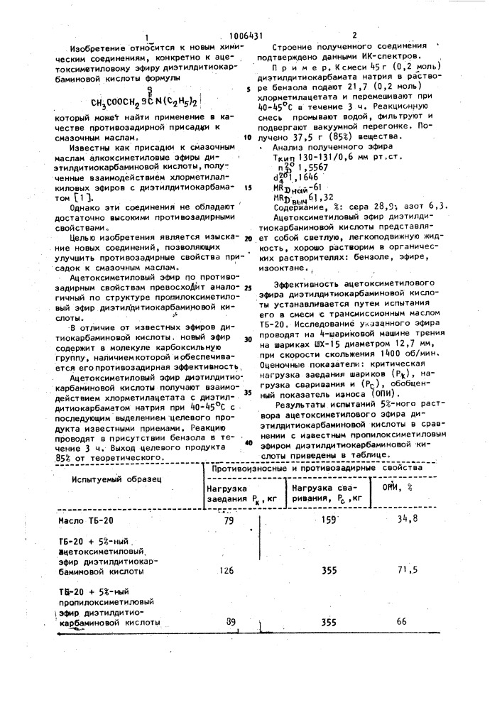 Ацетоксиметиловый эфир диэтилдитиокарбаминовой кислоты в качестве противозадирной присадки к смазочным маслам (патент 1006431)