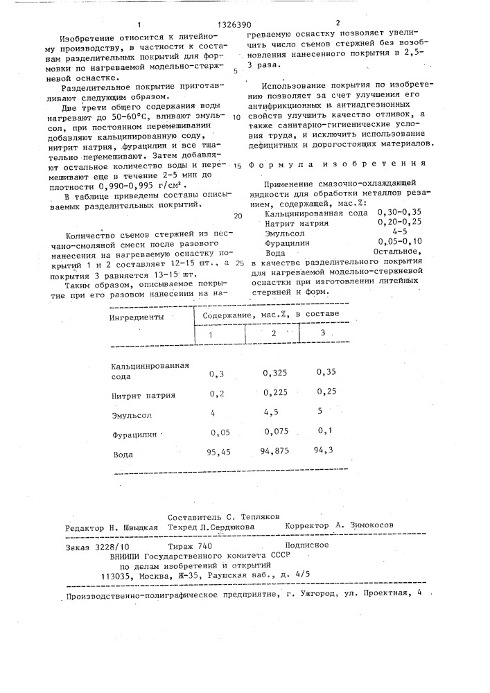 Разделительное покрытие для нагреваемой модельно-стержневой оснастки при изготовлении литейных стержней и форм (патент 1326390)