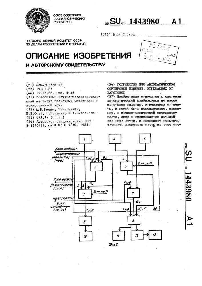 Устройство для автоматической сортировки изделий,отрезаемых от заготовок (патент 1443980)