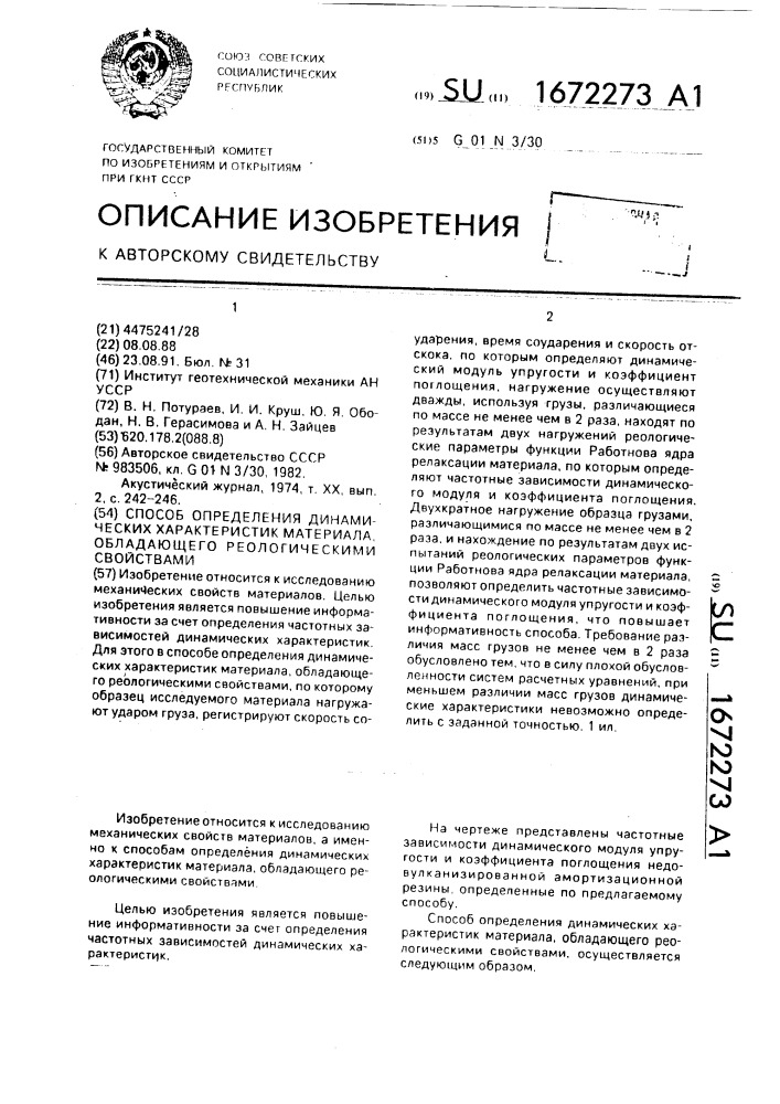 Способ определения динамических характеристик материала, обладающего реологическими свойствами (патент 1672273)